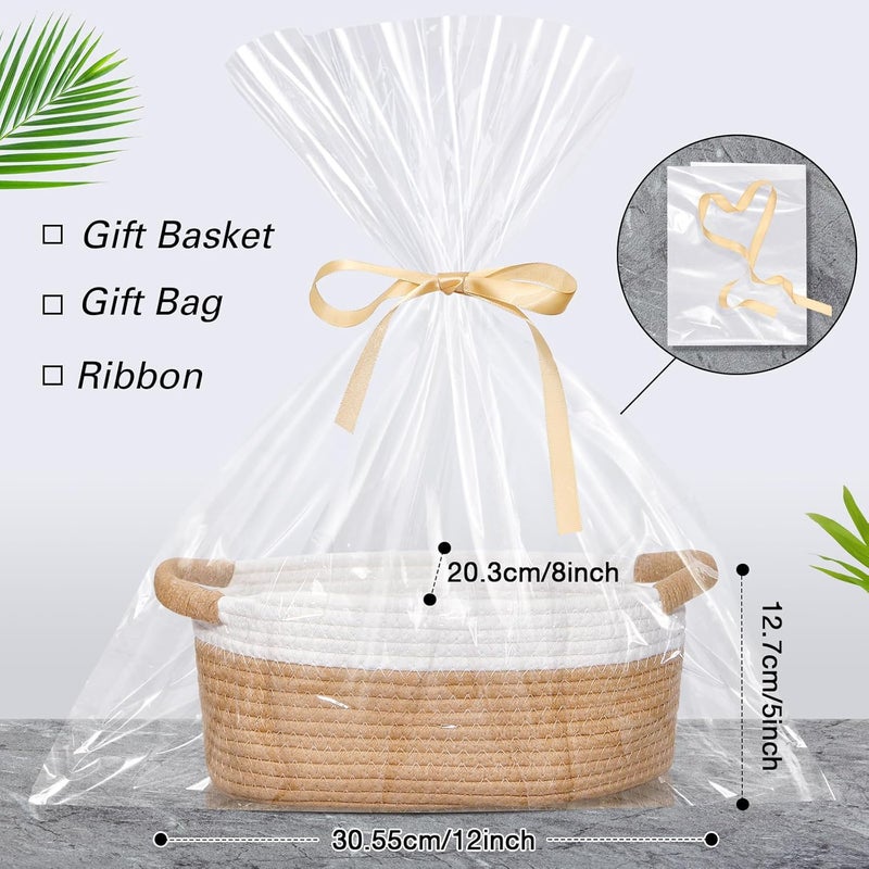 Colingmill Valentine's Day Woven Gift Basket with Gift Bags and Ribbons 12"x8"x5" Empty Cotton Rope Storage Basket for Birthdays, Baby Showers, Wedding DIY Presents(White,Coffee) - Image 4